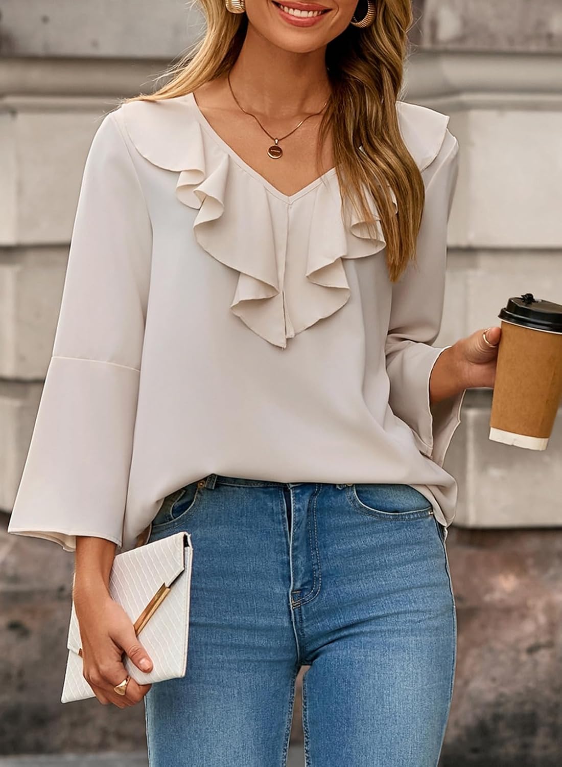 Dokotoo Womens Dressy Casual Blouses 3/4 Sleeve Spring Tops 2026 Ruffle V Neck Business Shirts - Image 3