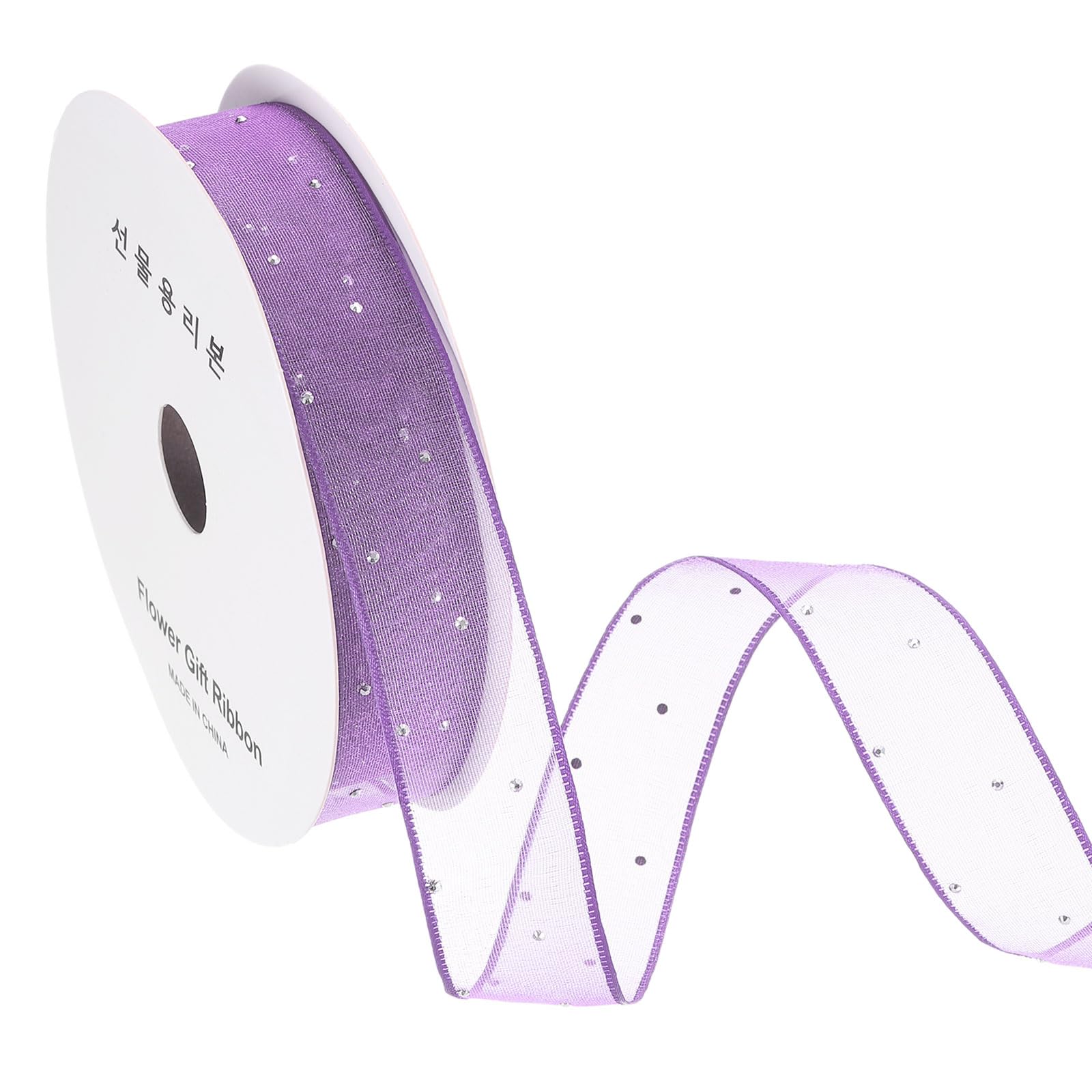 Ruban organza transparent avec strass argentés violet pour emballage cadeau et nœud