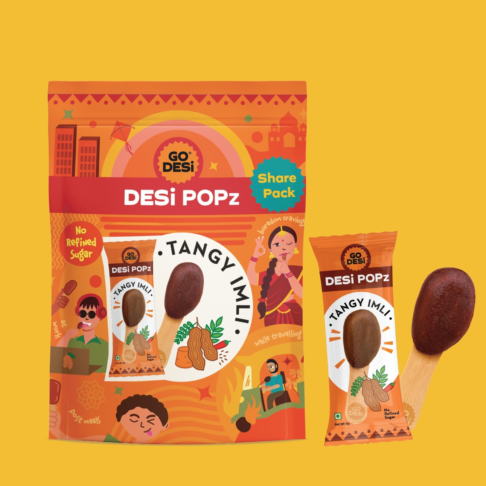 GO DESi Popz Imli Pop, Tamarind & Jaggery Candy, 8 Pieces, Tangy Imli, Imli Candy, 64 g
