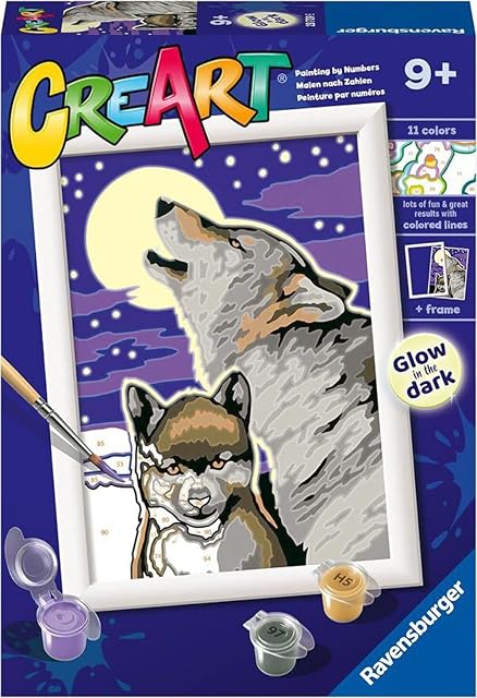 Ravensburger - CreArt Series E: Wilki, Zestaw do malowania liczbowego, zawiera wstępnie wydrukowany stół, pędzel, kolory i akcesoria, kreatywna gra dla chłopców i dziewcząt 7+ lat