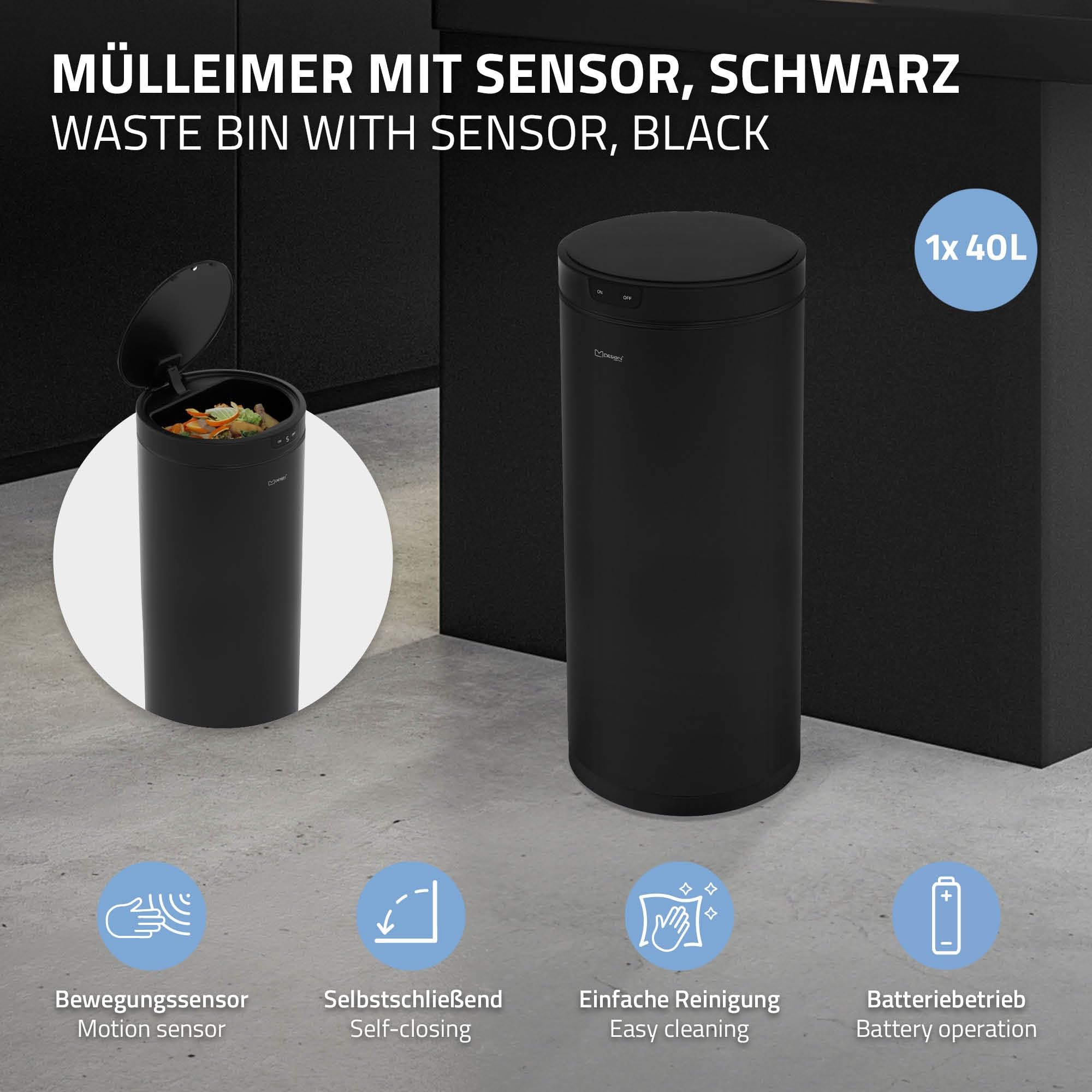 ML-Design Cubo de Basura con Sensor de Movimiento Inteligente Papelera Redonda con Apertura y Cierre Automática 40L Acero Inoxidable Negro Tapa con Pantalla LED y Anillo de Sujeción para Bolsas