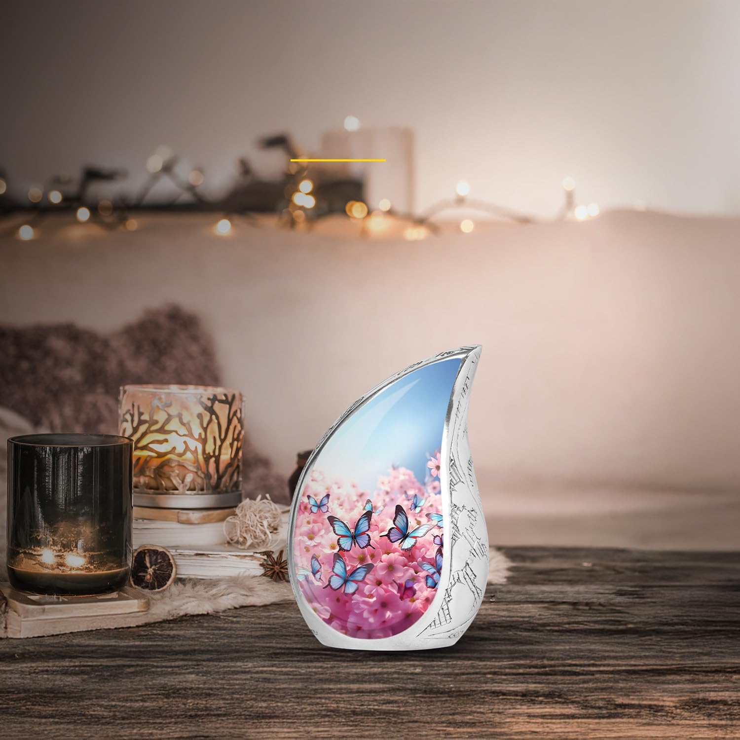 Yatskia Pink Cherry Blossom Butterfly Mini Funeral Urns for Human Ashes Adult Male and Female, Small Memorial Urn for Adult Ashes, (Teardrop Urn Pack of 1, 3 Inch)