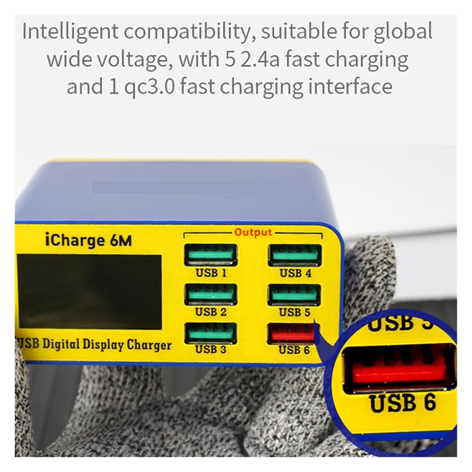 Caricatore multidispositivo, Supporto for ricarica intellinte USB QC 3.0 da 6 M Ricarica rapida con display LCD Ricarica rapida con porte multiple