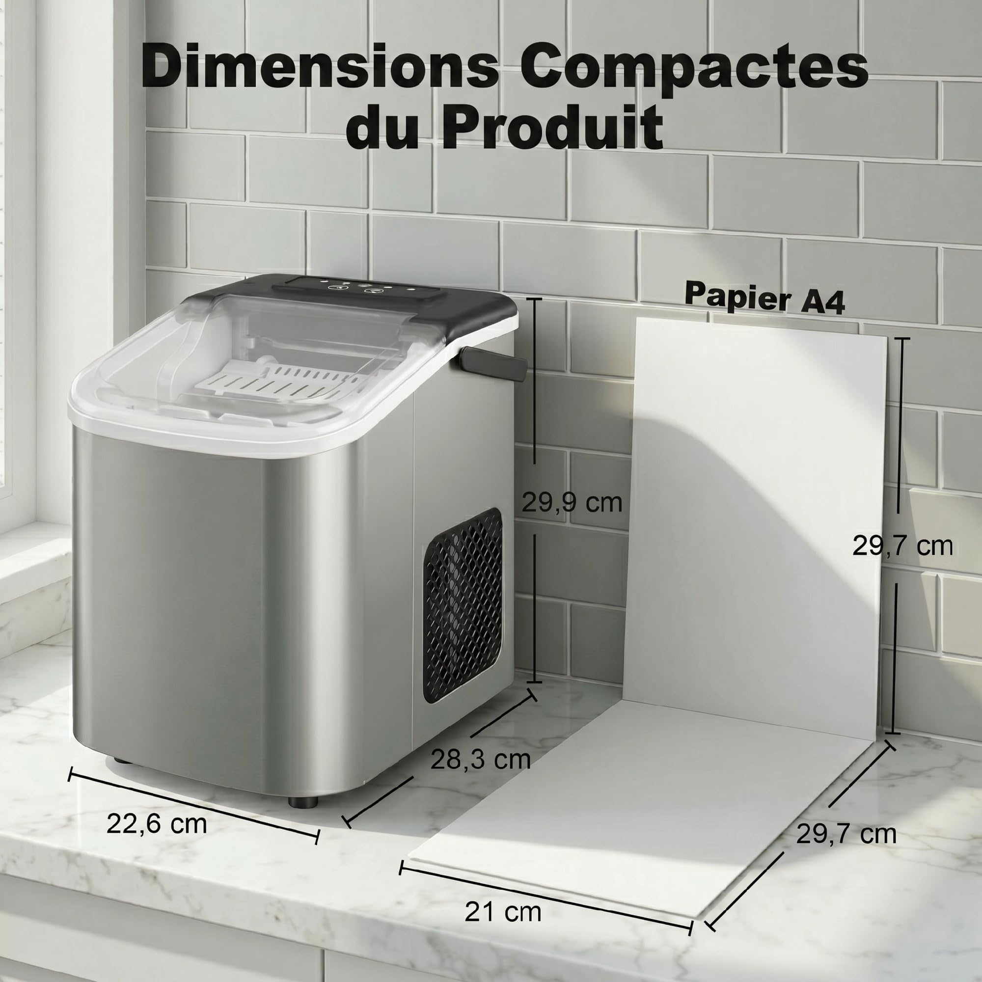 HOMCOM Machine à glaçons, 12kg en 24h, 9 glaçons en 7 minutes, ice maker portable avec fonction autonettoyante, panier et pelle, machine à glaçons pour maison, cuisine, bureau, bar, argent