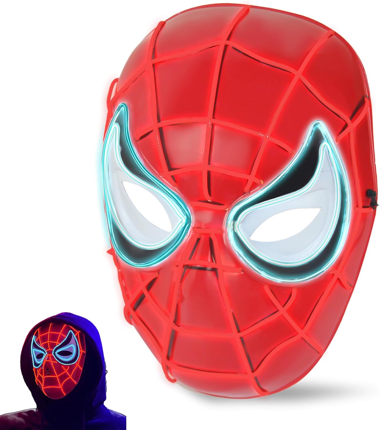 Jeemiter Glowing Superhero Mask for Man/Boys - LED Light-Up with 3 Modes, Adjustable Cosplay Spider Face Gear for Family Fun