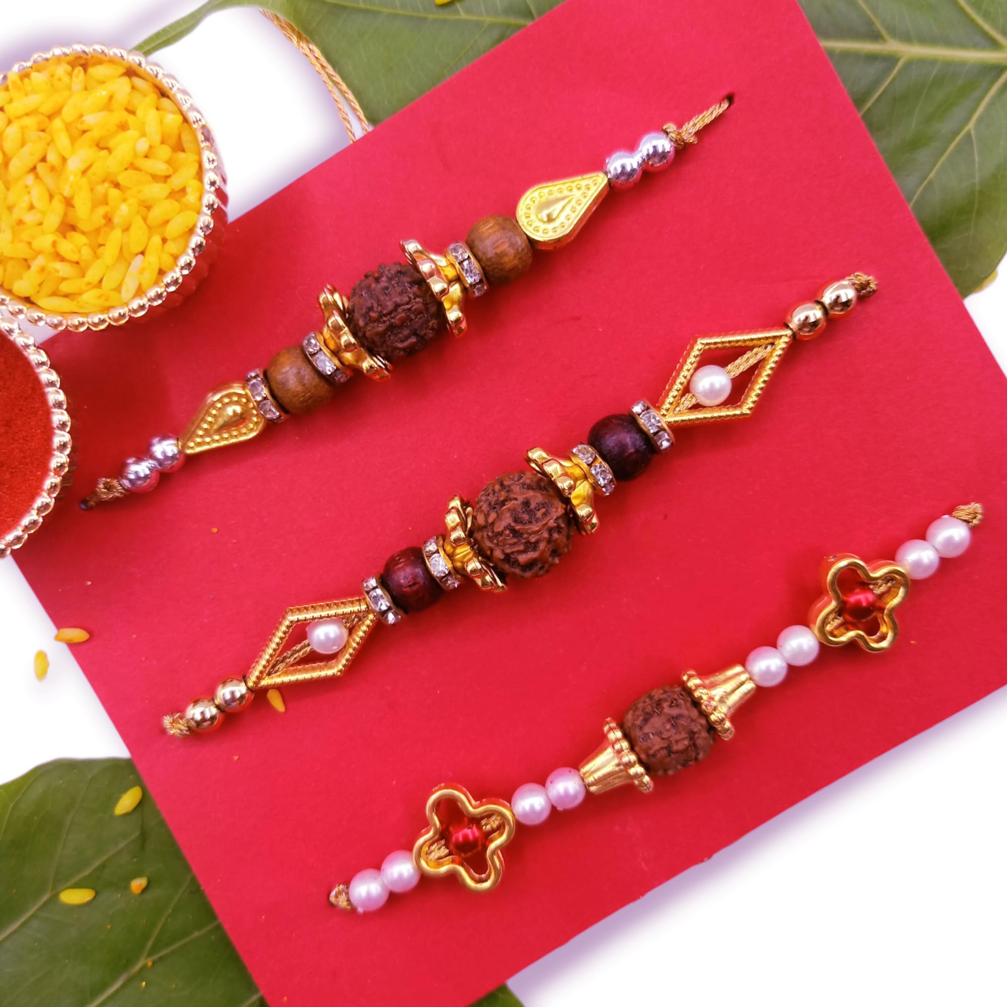 adcom Handcrafted Rudraksha Traditional Rakhi for Brother Pack of 3 Wristbands with Elegant Gold and Pearl Accents with Free Roli and Chawal and meaningful greeting card (B0D8YY8P66) Amazon Price History, Amazon Price Tracker