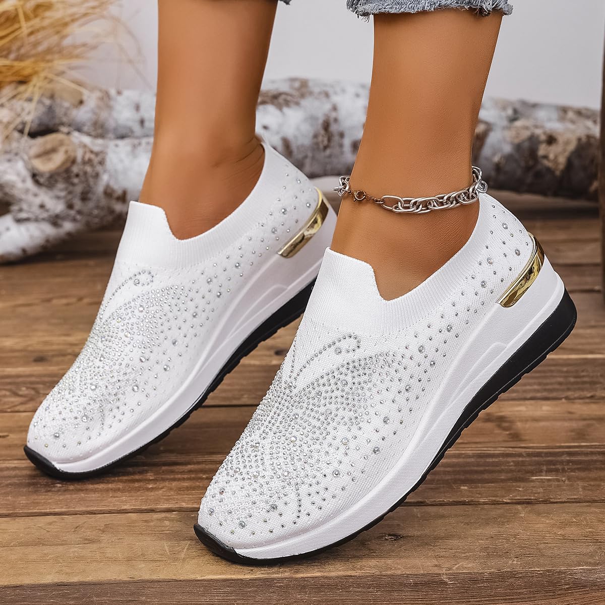 Spakle - Sneaker da donna con zeppa e strass, slip-on