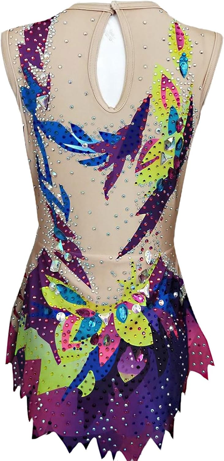 Sleeveless Artistic Gymnastics Leotard for Women, Multicolor Print Rhinestone Backless Performance Wear