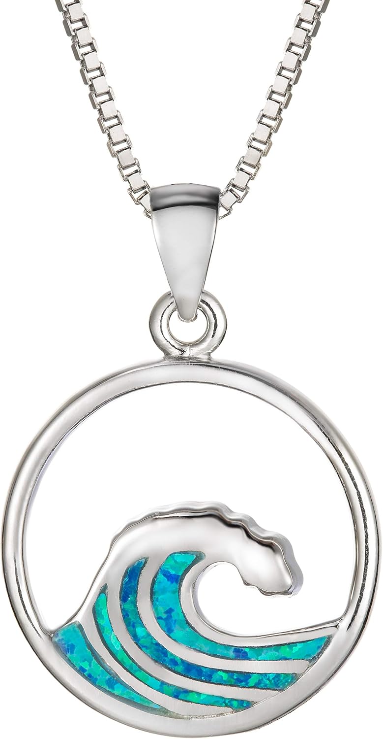 925 Sterling Silver Created Blue Opal Wave Necklace Pendant with 18" Box Chain, Nickel Free Hypoallergenic, Hawaiian Island Jewelry for Women Mother Daughter, with 18" Box Chain