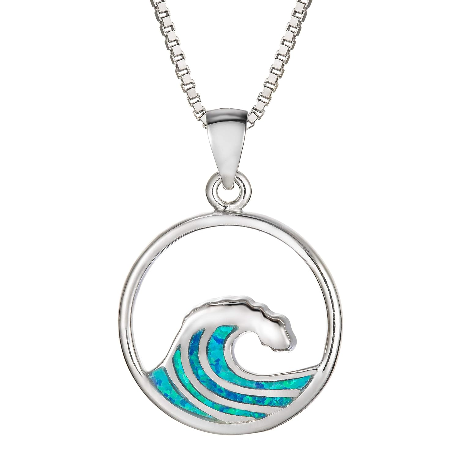 925 Sterling Silver Created Blue Opal Wave Necklace Pendant with 18" Box Chain, Nickel Free Hypoallergenic, Hawaiian Island Jewelry for Women Mother Daughter, with 18" Box Chain