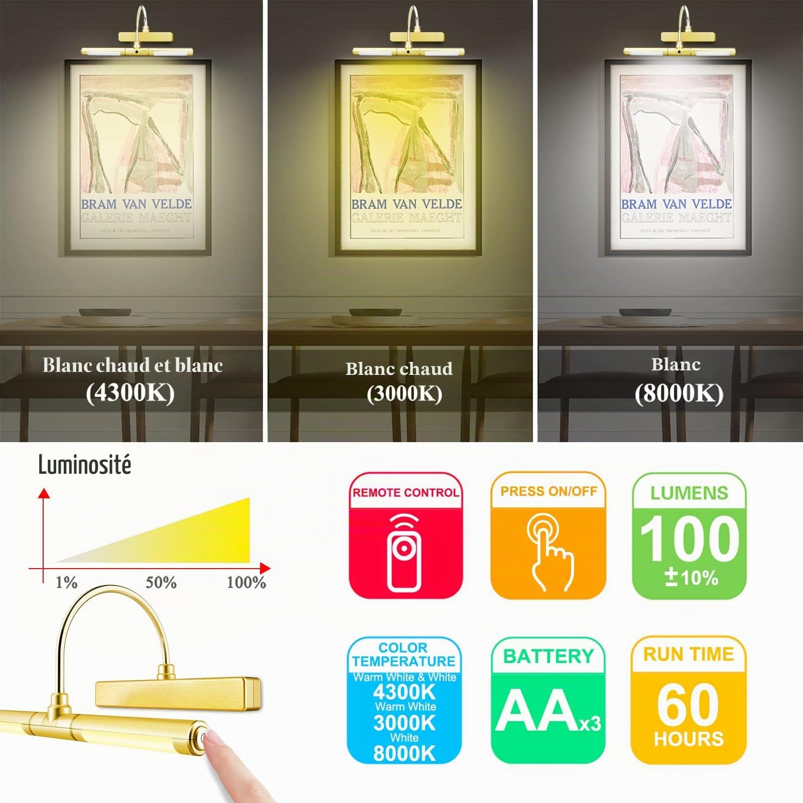 BIGLIGHT eclairage tableau led pile à piles avec télécommande 33 cm appliques pour tableaux et vitrines illustrations avec bras pivotant à 180° et gradateur de luminosité,Or