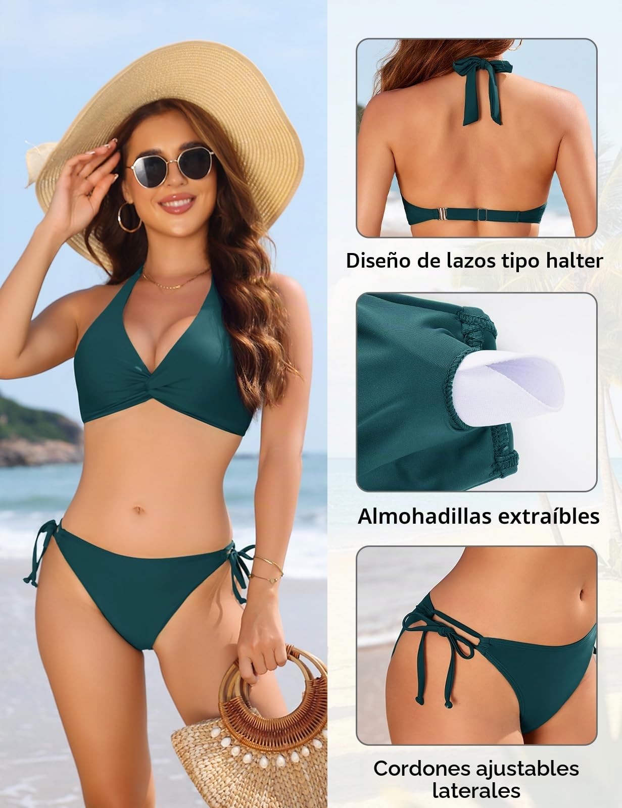 Nadeer Bikini Mujer Push Up Conjuntos de Bikinis Nudo Torcido Cuello Halter Sexy Sin Espalda Traje de Baño Mujer 2 Piezas Cintura Medio con Cordones Verano Piscina Playa Deportivo