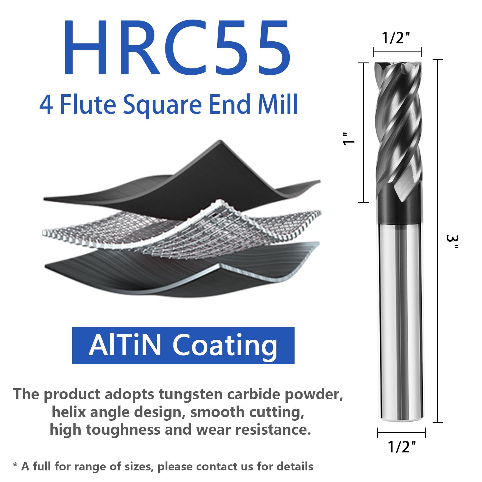 Juego de brocas de carburo de 1,27 cm para aleación y aceros endurecidos, micrograno Hrc55, fresa de 4 flautas con revestimiento AlTiN, brocas de enrutador CNC, brocas de fresado de alto