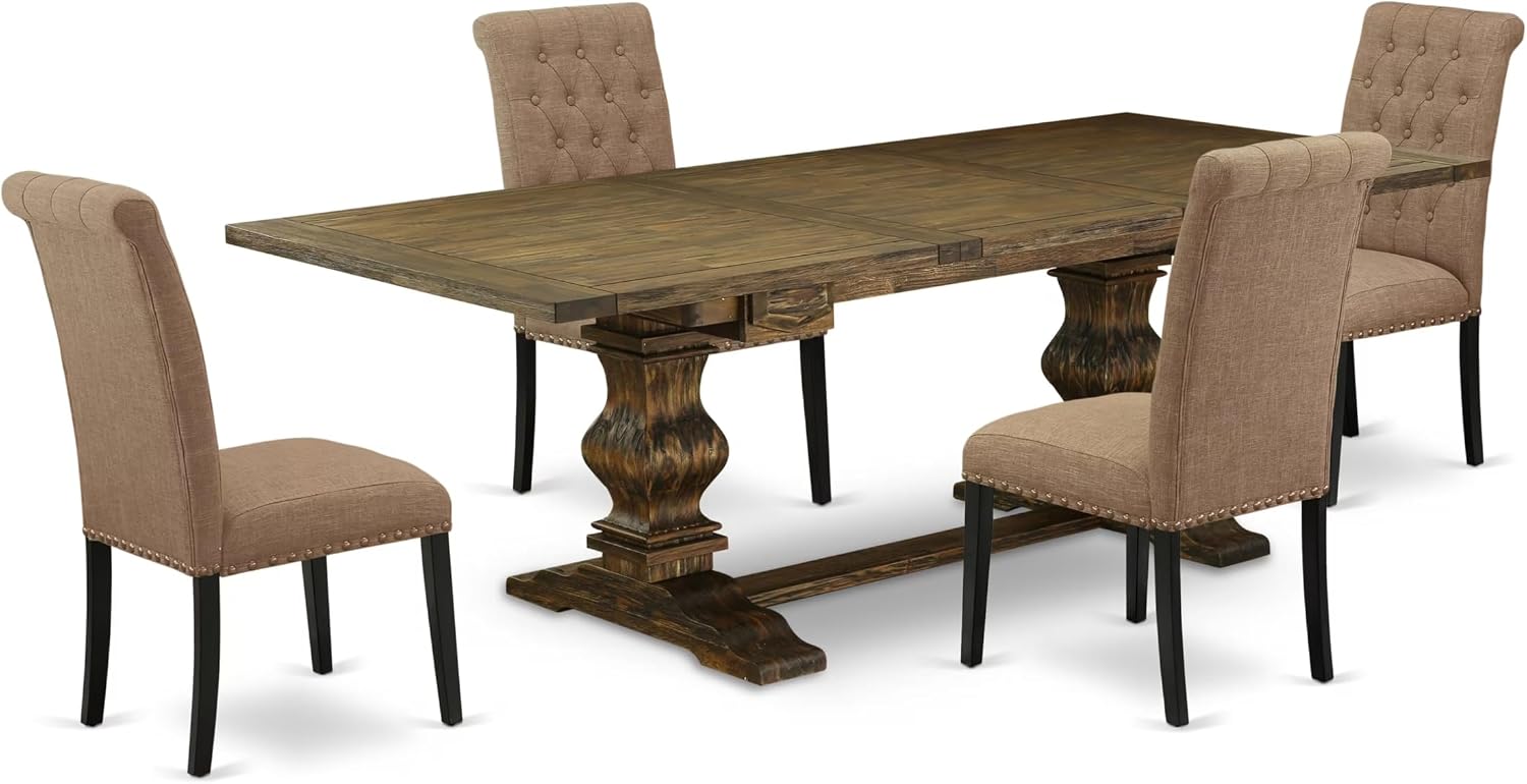 East West Furniture LABR5-71-17 5 Piece Dining Table Set Includes a Rectangle Wooden Table with Removable Leaf and 4 Light Sable Linen Fabric Upholstered Chairs, 42x92 Inch, Jacobean