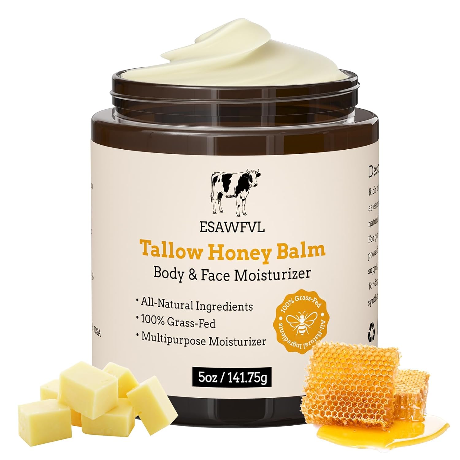 Beef Tallow for Skin, Whipped Tallow and Honey Balm for Body and Face, Natural Formula Grass Fed Tallow Face Moisturizer for All Skin Types - 5oz
