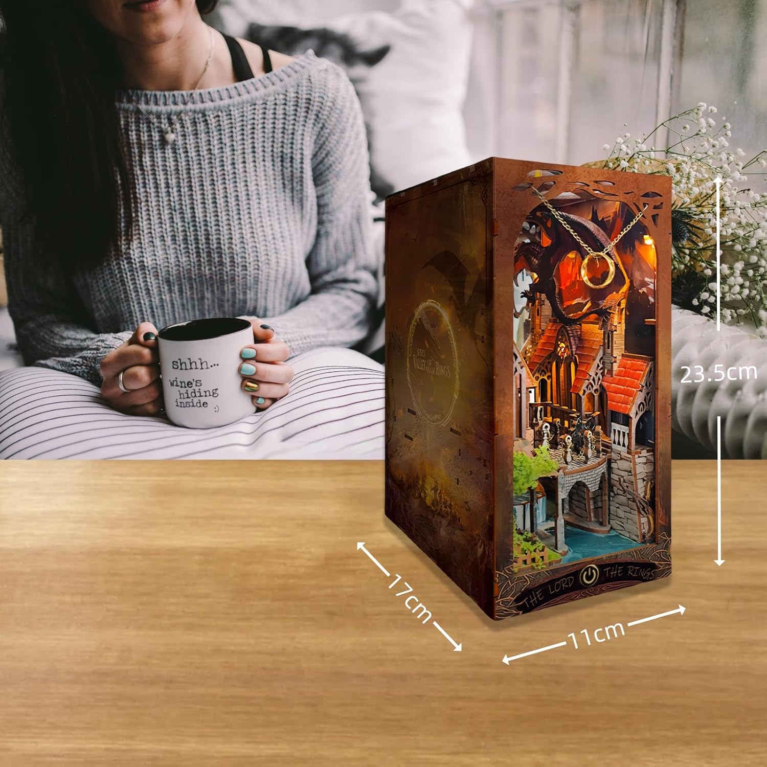 DIY Book Nook Kit The Secret Valley of Rings - Dark Dragon & Knight & Castle 3D Puzzle, Handcrafted Bookend for Adult