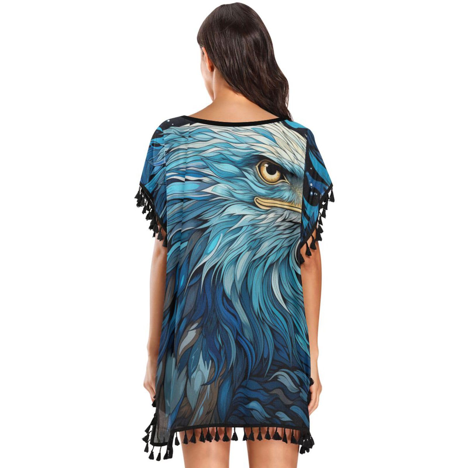 Angry Blue Bald Eagle Women's Beach Cover Up Chiffon Tassel Swimwear Swimsuit Coverups for Girl