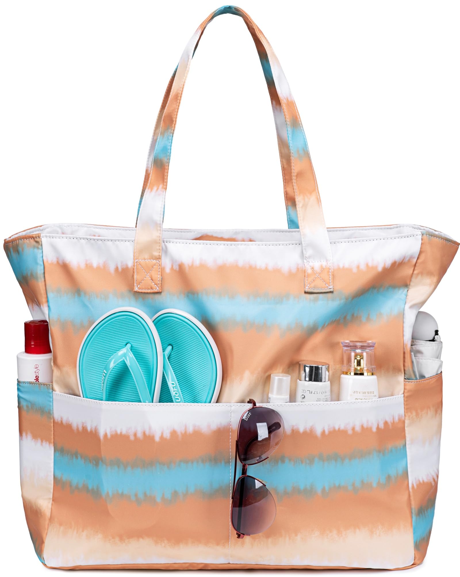 LEDAOU Beach Bag Waterproof Sandproof Women Tote Bag Pool Bag with Zipper for Gym Grocery Travel with Wet Pocket, Large, Coffee Blue Tie Dye