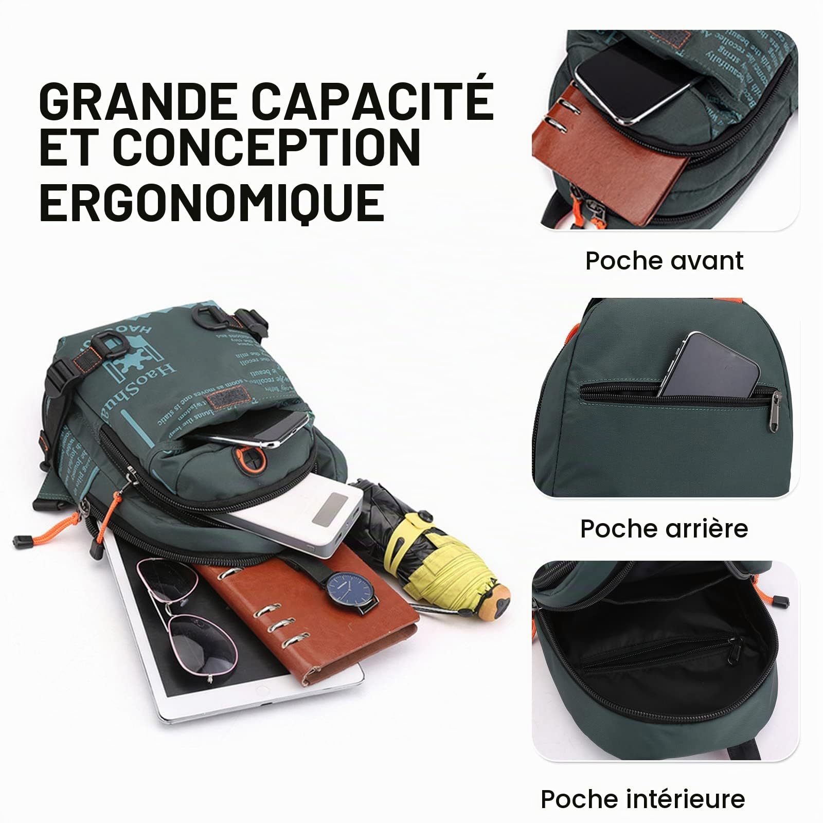 FANDARE Sac Poitrine Porté Travers Femme Homme - Sac D'école, D'épaule, De Randonnée, Bandoulière - Sacoche Voyage Avec Trou D'écouteur & Bandoulière Détachable - Bleu