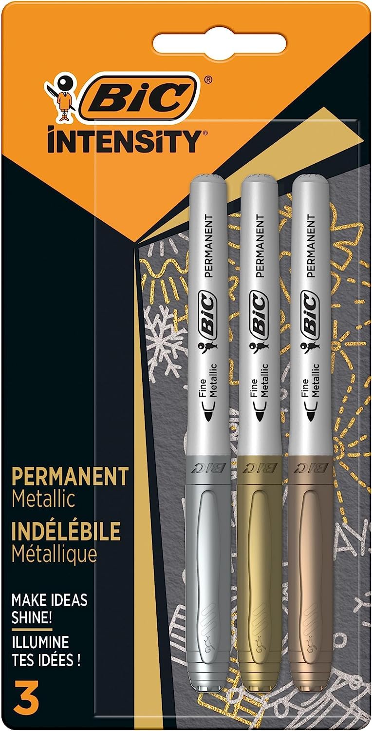 BIC Intensity - Rotuladores Permanentes Color Metal, Pack de 3 rotuladores de punta redonda, colores metálicos