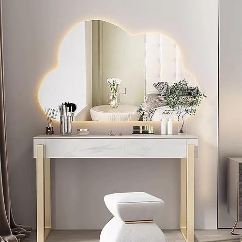 En forma de nube - Espejo iluminado LED para lavado y maquillaje de baño, espejo asimétrico irregular montado en la pared, luces de 3 colores