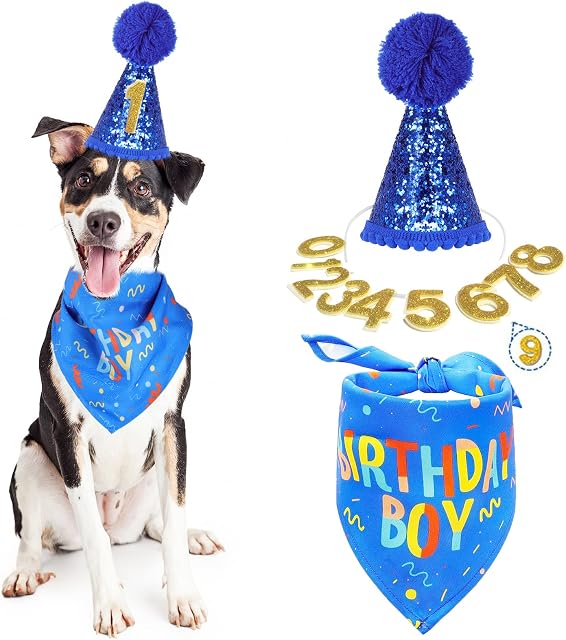 Dog Birthday Bandana, Cute Dog Birthday Hat Pets Birthday Party Supplies for Boy Girl Cat and Dog Decoration(Blue)
