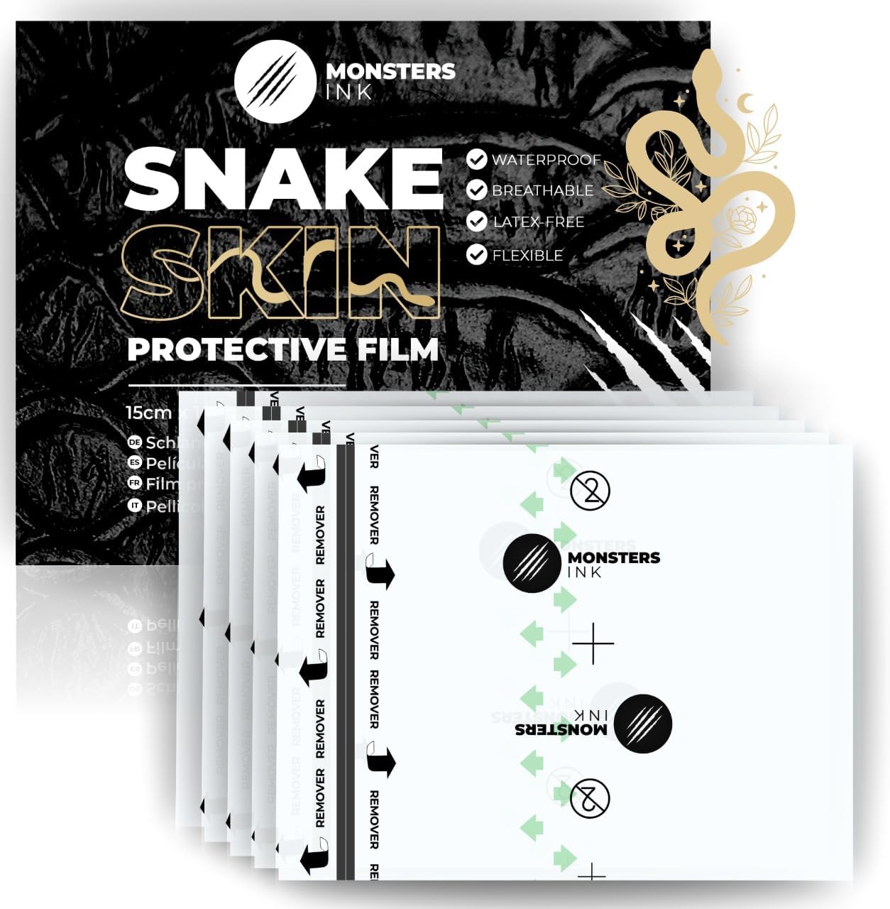Snake Skin Tattoo Protection Film Seconds Skin Tattoo Cover for Tattoos, Tattoo Aftercare Bandage Tattoo Cover, Tattoo Film Aftercare, Tattoo Aftercare Waterproof Bandage (5 x Sheets 6"x4")
