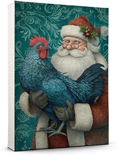 Christmas Canvas Wall Art Santa Claus & Chicken Blue Australorp Hen Poster Pictures Winter Scene Painting Prints Home Decor