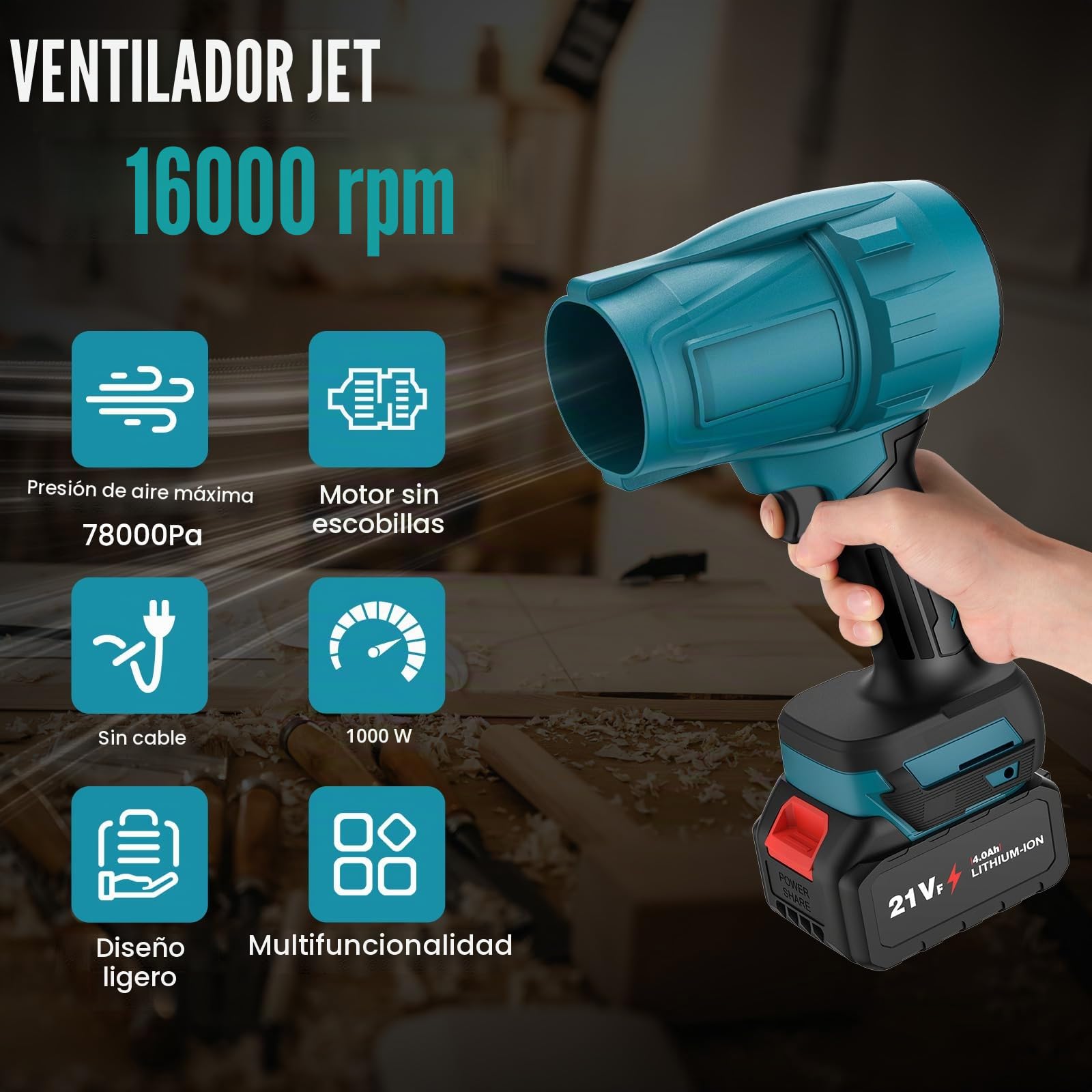 Eznaobo Soplador de violencia para coche Makita 18 V, 1050 W, ventilador turbo jet, sin escobillas, portátil, inalámbrico, 32000 rpm, mini soplador PC, coche, sofá, batería de 4000 mAh
