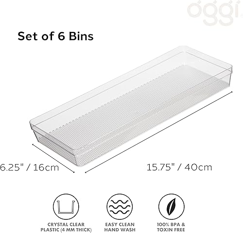 Vista 12 de Oggi Organizador de cajones transparente, 3 x 9.5 pulgadas (juego de 6), ideal para organizar cajones de cocina, oficina, escritorio, cubiertos