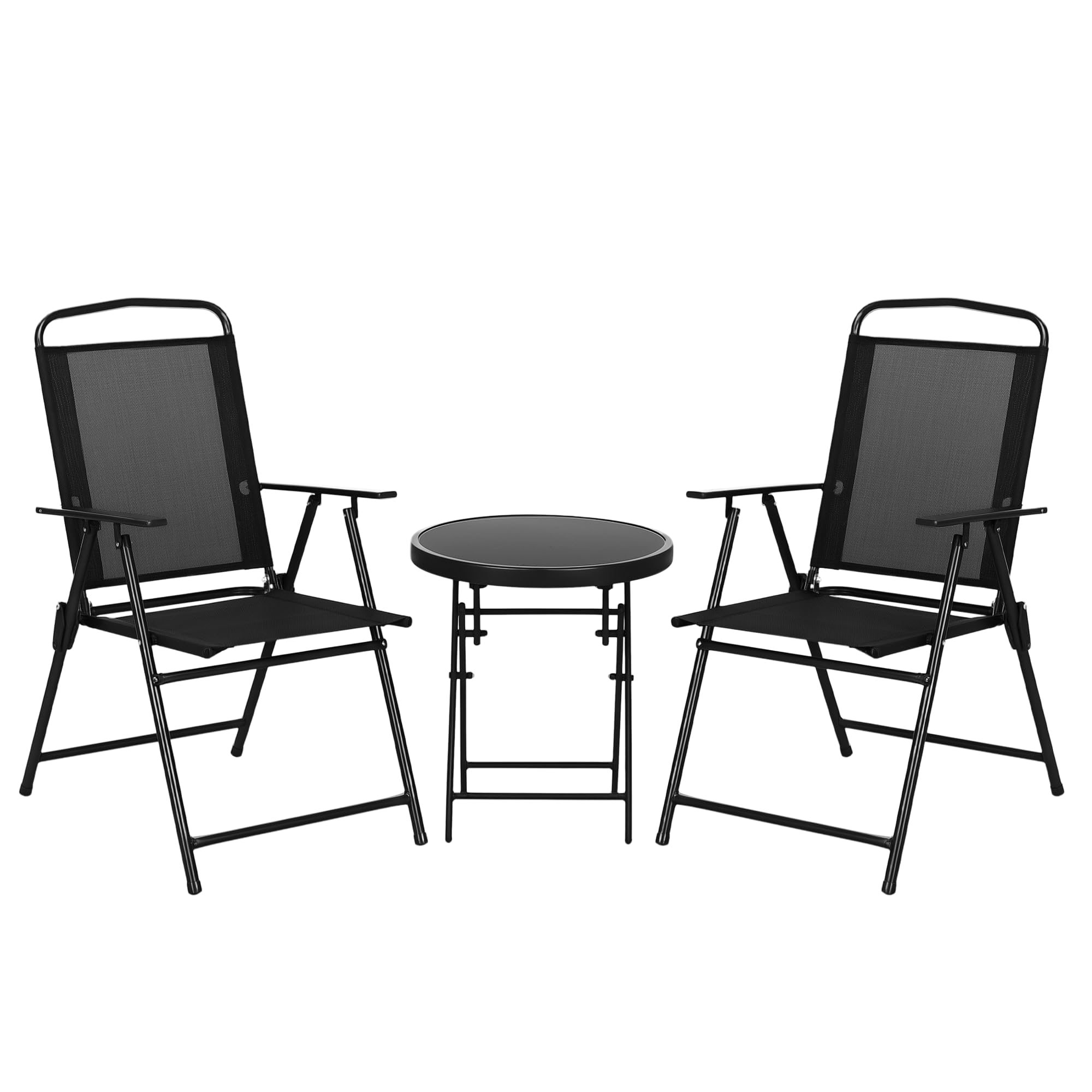 Outsunny Garden Bistro Set, 3 Pieces Table and Chairs Set, Outdoor Garden Furniture with Foldable Breathable Mesh Fabric Armchairs & Glass Top Coffee Table, Black