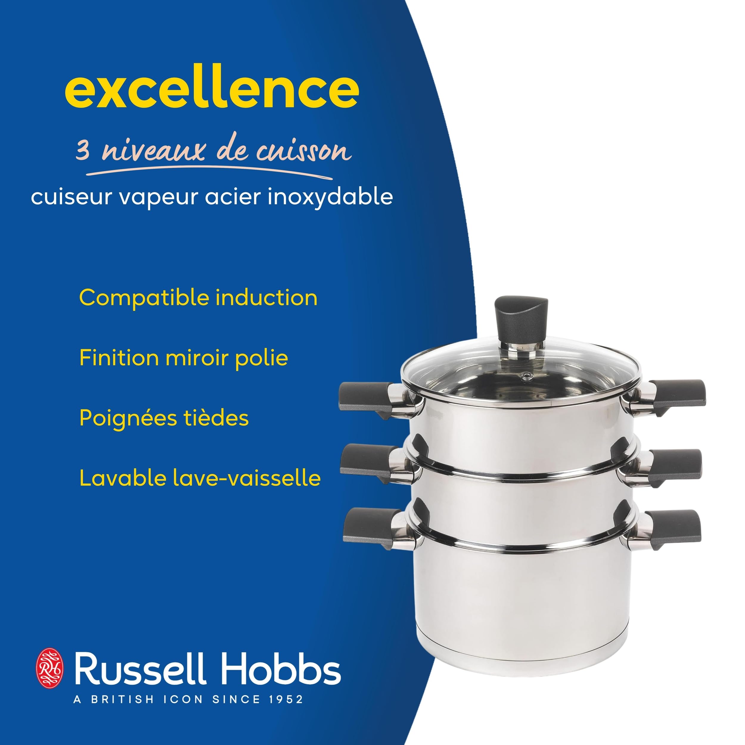 Russell Hobbs Excellence Collection 18 cm Cuiseur Vapeur en Acier Inoxydable, avec Couvercle, 3 Niveaux, Finition Miroir Polie, Compatible avec Plaques à Induction, Lavable Lave-Vaiselle, Argent