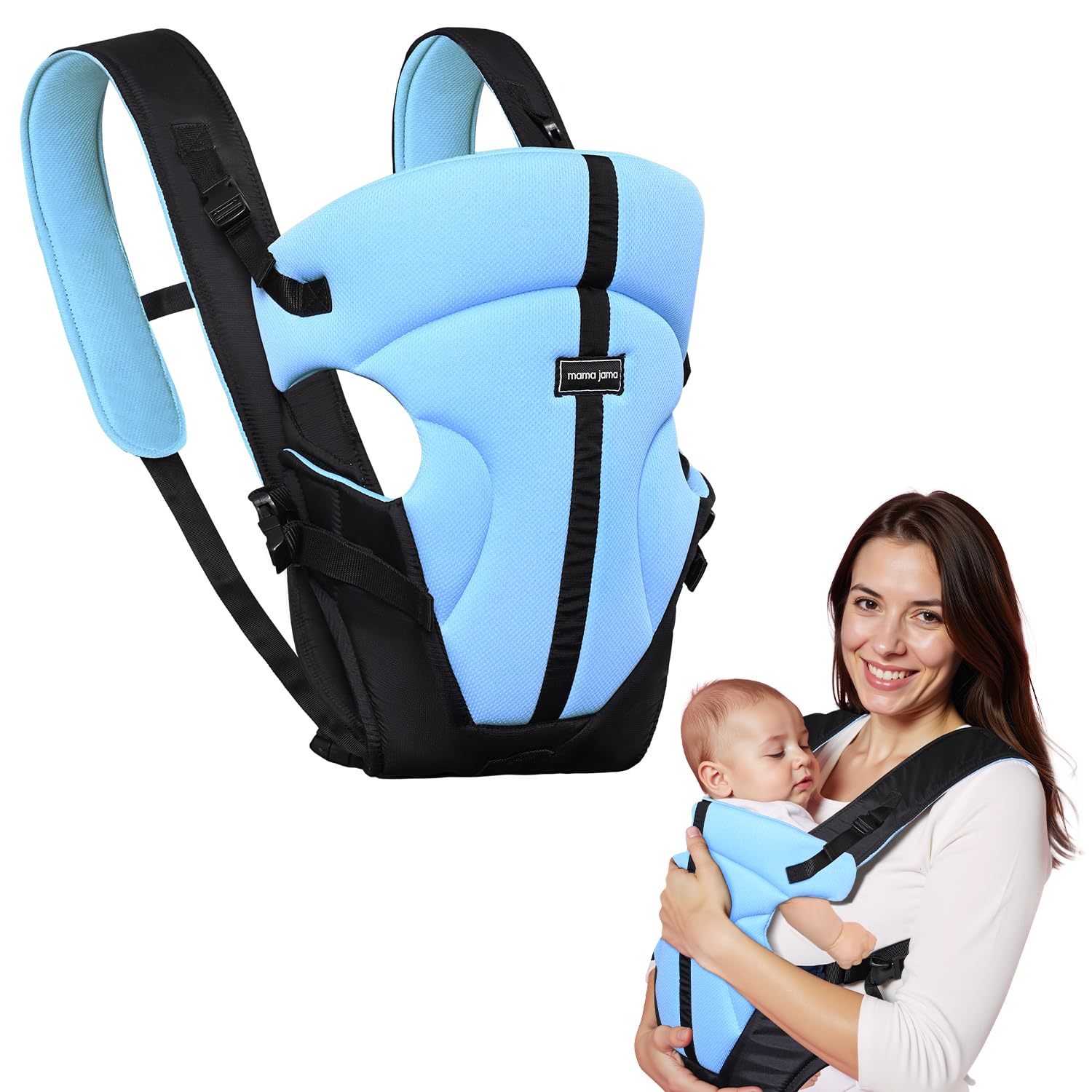 MAMA JAMA Baby Carrier Hip Seat with 4 Carry Positions Adjustable Strap & Sturdy Buckle Front Back Support Breathable Upto 15Kg Toddler Carrying Bag for 1 Month+ Babies (1Pcs, Blue & Black)
