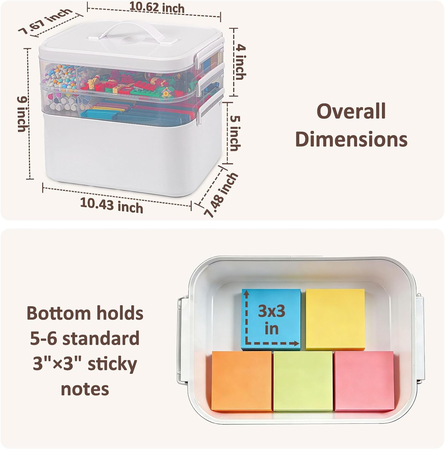 3-Layer Plastic Craft Organizers and Storage Box with Removable Trays, Storage Containers with lids and Handle, Art Supply Storage Organizer for Bead, Ornament, Nail Polish, Tape（10.62"x9"x7.67"） thumbnail