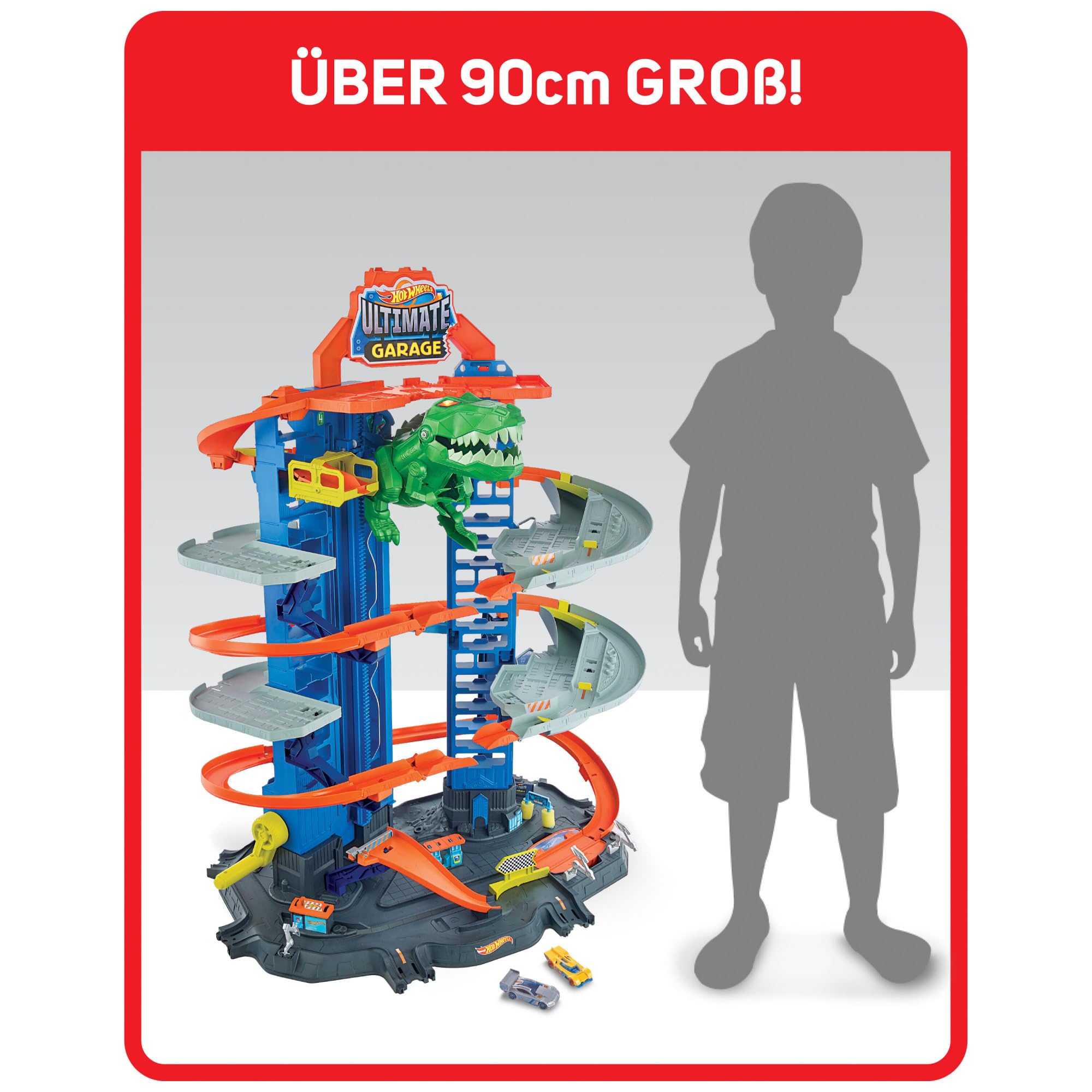 Hot Wheels Garage, Hot Wheels Parkgarage inkl. 2 Spielzeugautos, mit mehrstöckiger Autorennbahn, T-Rex Angriff und Platz für +100 Autos, Höhe: 90cm, Auto Spielzeug, Spielzeug ab 5 Jahre, GJL14