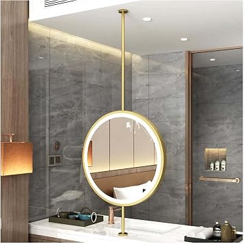 Ceiling Hanging Mirror with LED Lights,Round Metal Ceiling Mounted Mirror,Adjustable Brightness,for Bathroom Washroom Shaving Boom Can be CustomizedGold,80x80cm