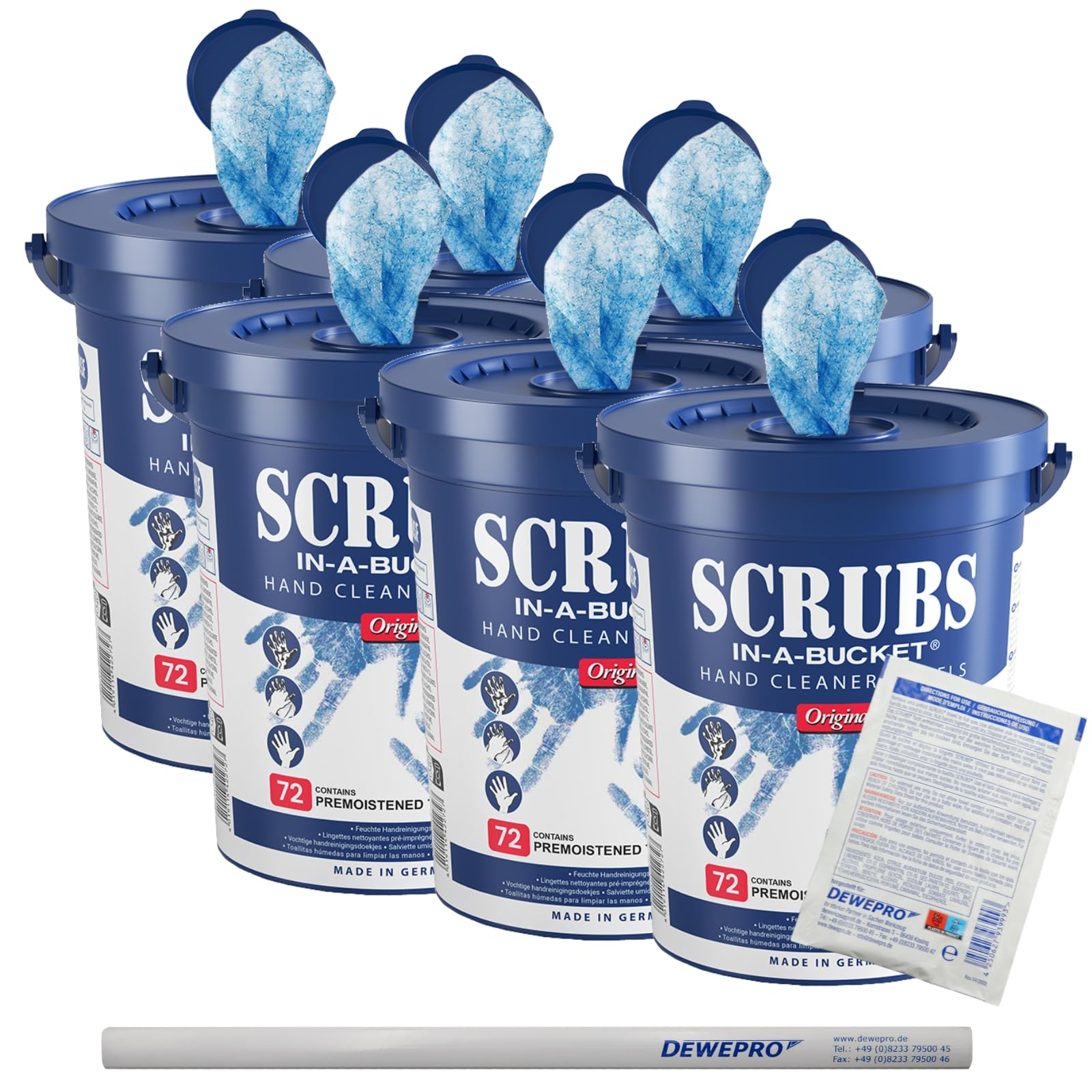 Lot de 6 SCRUBS dans un Seau - 72 Lingettes de Nettoyage pour les Mains par Seau, avec 6 Crayons et 6 Gommes DEWEPRO® SingleScrubs