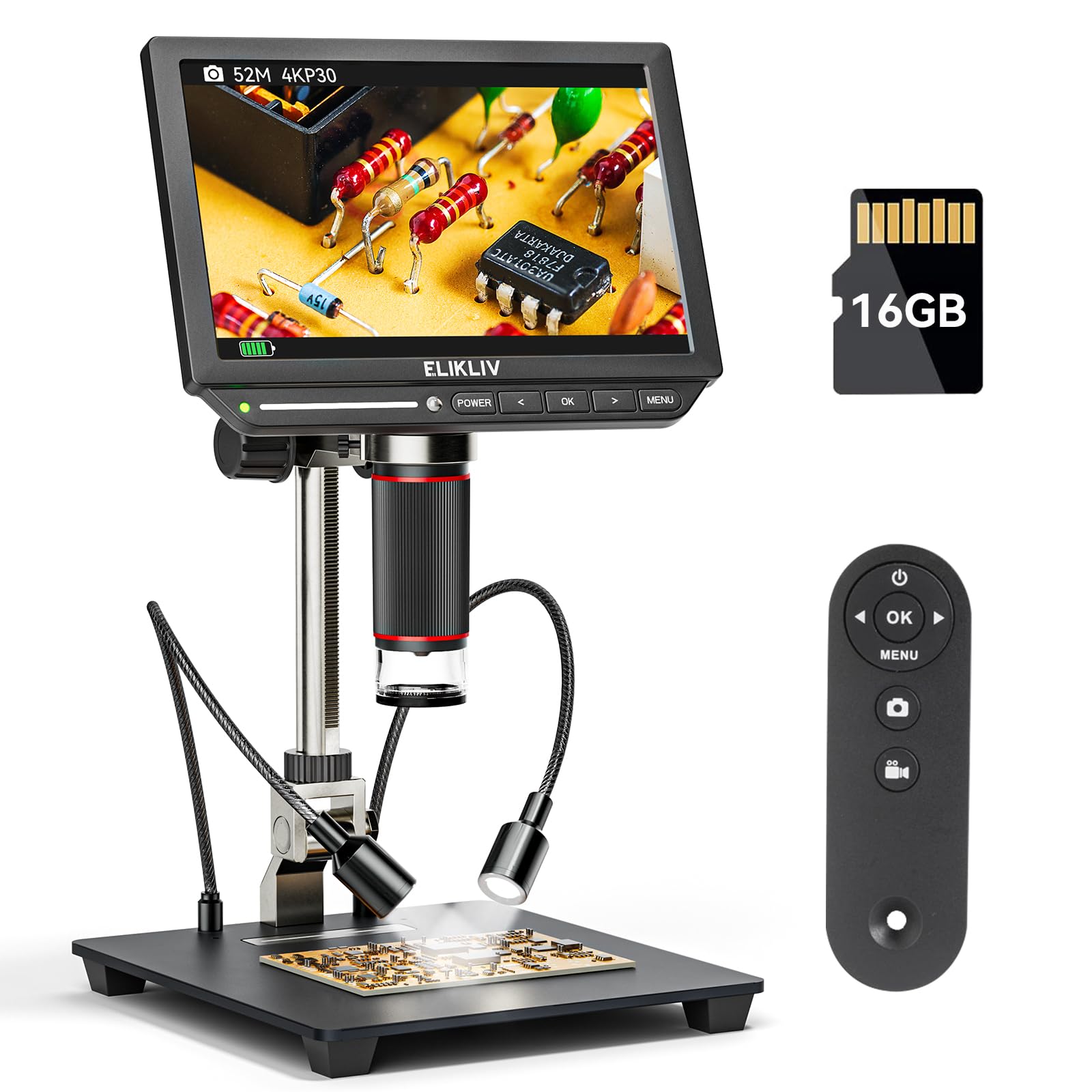 Elikliv EM4K 8" 4K Digitales Mikroskop, Münzmikroskop 2000x, 52MP HDMI Mikroskop, Lötmikroskop für Erwachsene, LCD Mikroskops für Elektronikreparatur, 3840P UHD Video Mikroskops, 10" Stand, 16G