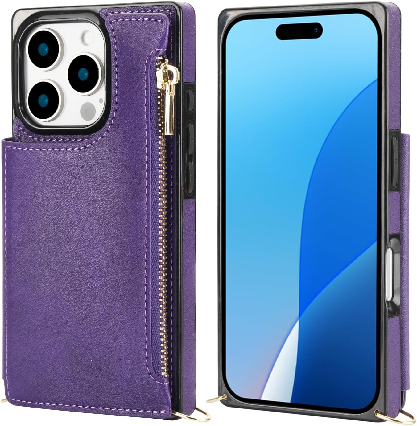 Bocasal Crossbody Wallet Case for iPhone 16 Pro with RFID Blocking Card Slot Holder, Magnetic Flip Folio Purse Case, PU Leather Zipper Handbag with Detachable Lanyard Strap 6.3 Inch 5G (Purple)