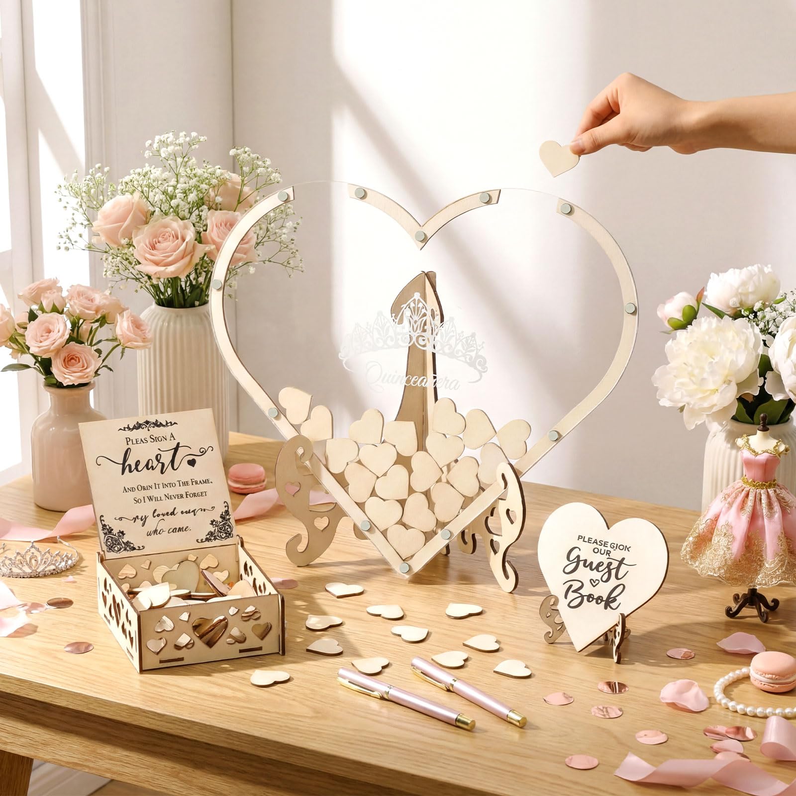 Weysat Heart Shape Quinceanera Wooden Guest Book Alternative Drop Box Alternative Special Gifts for Girls, Sweet 15th Birthday Decor, Quinceanera Birthday Party Sign Book for Guests