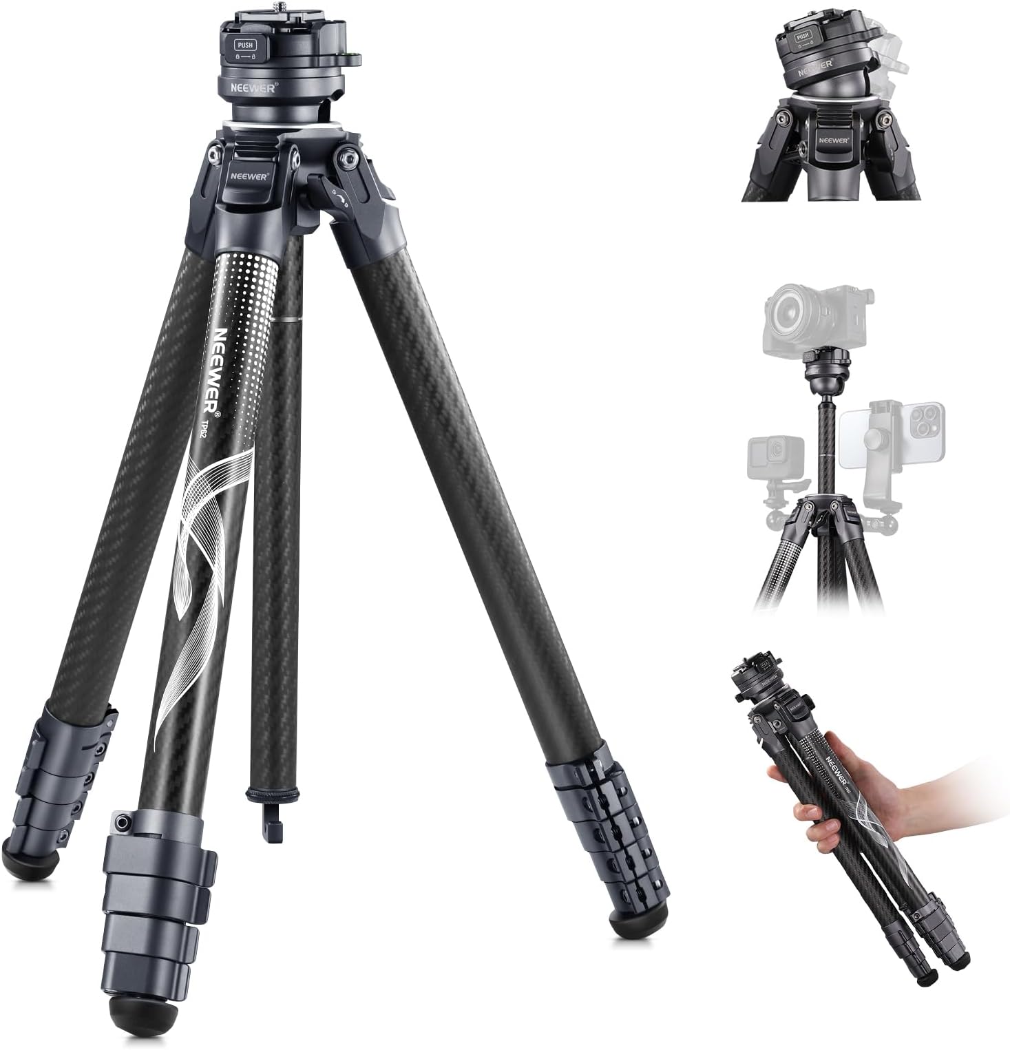 NEEWER LITETRIP LT32 157cm Travel Tripod Carbon 15° Leveling 360° Panoramic Head, Detachable Center Shaft, Fast Flip Buckle, Arca QR Tripod Plate, Compatible with Video/DSLR Camera, Compatible with