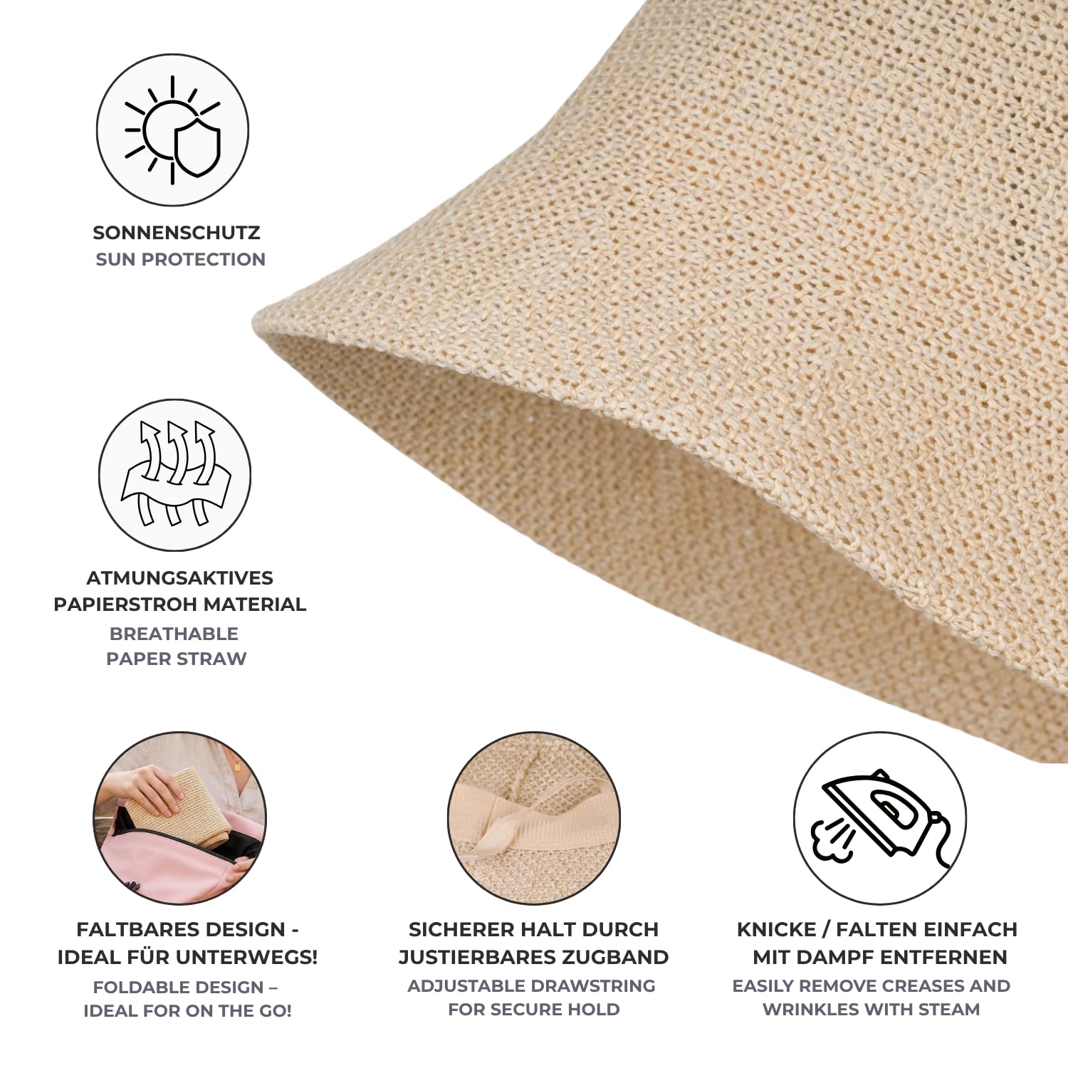 styleBREAKER Sombrero de Sol para Mujer de Paja de Papel, Bucket Hat Plegable Ligero con Banda Absorbente y ala para protección Solar en Playa y Ocio