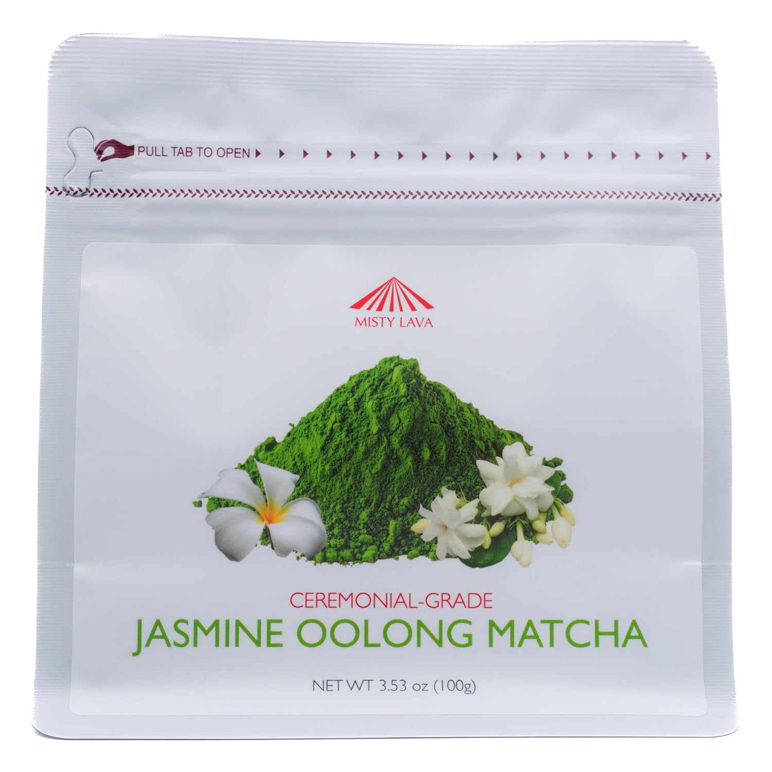 Misty Lava Ceremonial Jasmine Oolong Matcha Powder, 21-Day Shade-Grown, Naturally Scented With Real Jasmine Blossoms, Ultra Fine, Smooth & Creamy, 100g Refill Pouch