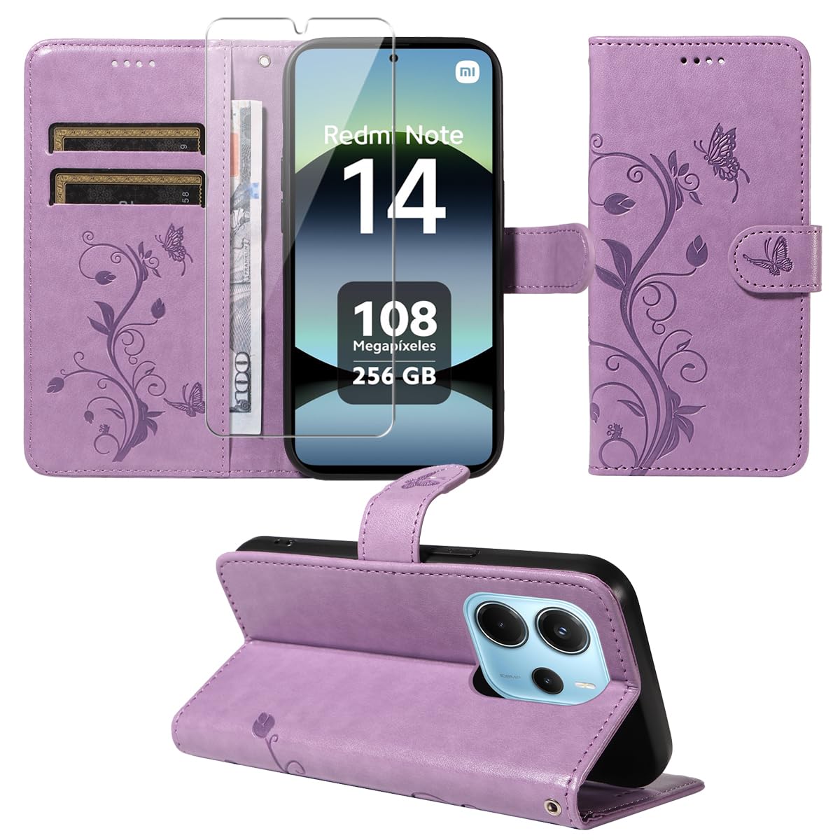 Coque Portefeuille Pour Xiaomi Redmi Note 14 4G – Cuir PU, Fentes Cartes, Stand Intégré, Avec Verre Trempé Et Protection Caméra - 14