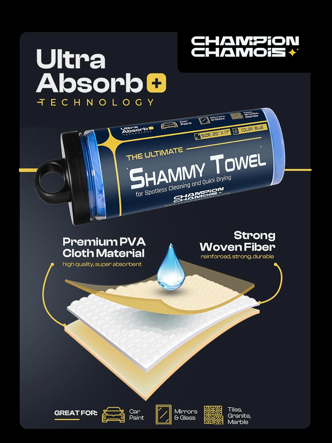 Champion Chamois Car Shammy Towel for Drying, 2 Pack (26"x17") - Super Absorbent Synthetic PVA Chamois Cloth, Scratch-Free, Lint-Free Shammy Cloth for Car Drying, Boat & RV + Tubes (Blue Edition)