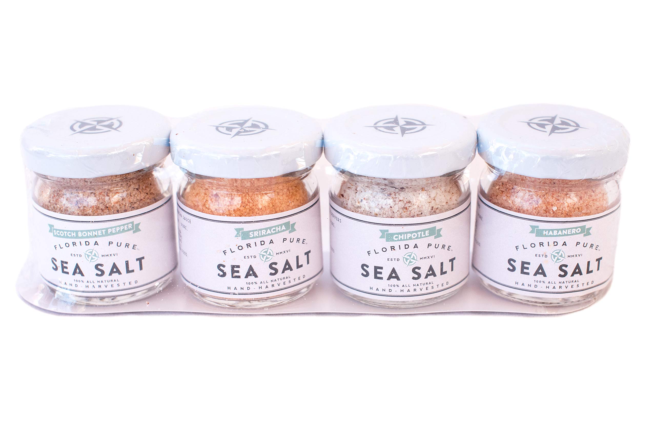 FLORIDA PURE 4 Assorted Flavored Sea Salt Hot Heads Sampler Pack - 80+ Mineral Salt, Natural, Unrefined, Non Iodized - for Baking, Cooking, Seasoning