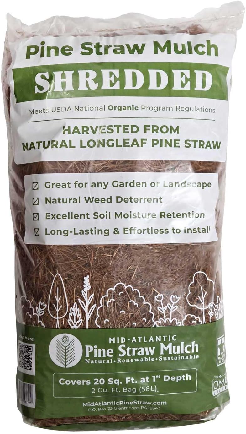 Shredded Pine Straw Bags of Mulch | Sustainable, Long-Lasting, Easy-to-Spread | OMRI Listed Organic | Weed & Mold Spore Free | Pine Needle Mulch for Gardens | 2 cu. ft. Bags (2 Bags/Order)