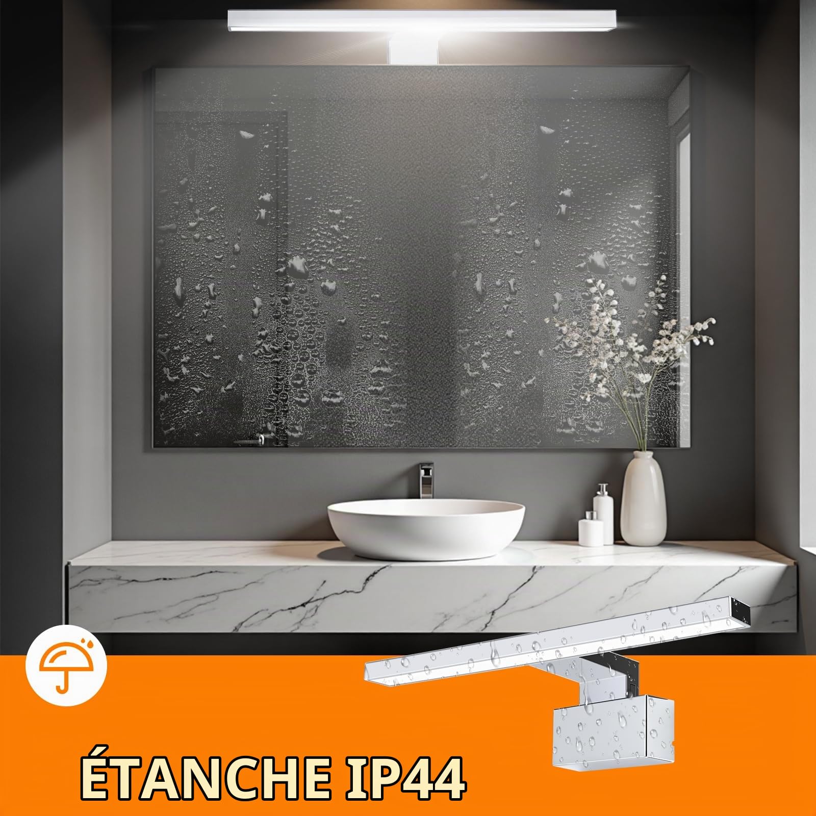 42 LED Chromé Lampe Miroir Salle de Bain, 8W 45CM 480LM ABS Lampe Miroir Étanche, Lumiere Murale Maquillage Salle de Bain 4000K IP44 Vanité Éclairage