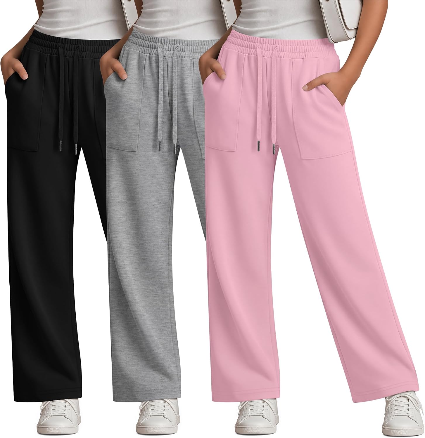 3 Pack Girls Sweatpants Straight Wide Leg Drawstring Athletic Lightweight Pants Kid Baggy Open Bottom Jogger Pocket