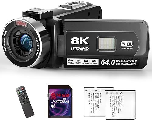 Cámara de video 8K UHD 64MP videocámara con tarjeta SD de 64 GB y WiFi 18X zoom digital Vlogging cámara con visión nocturna IR para YouTube,